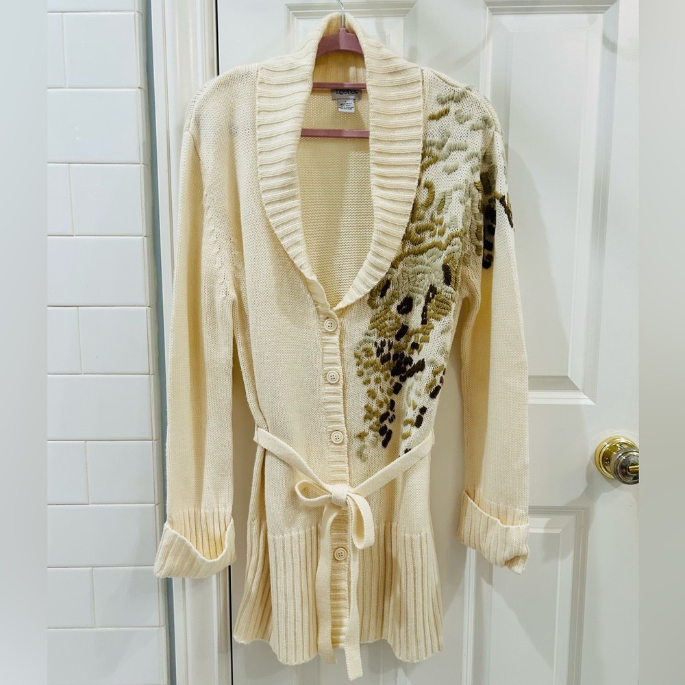 Vintage 90s Together Ivory Chunky Wool Bear Embroidered Cardigan Shawl Collar L - Picture 3 of 14